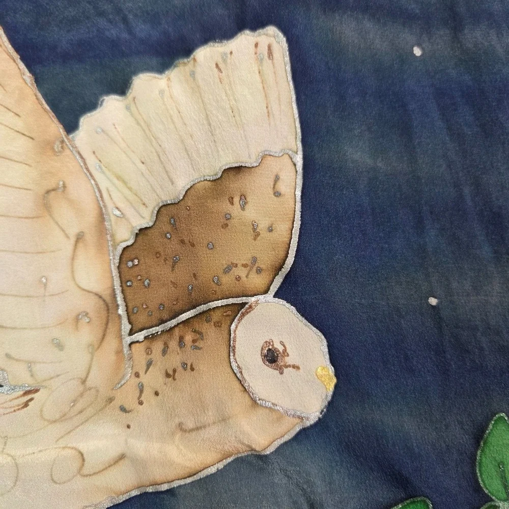 Hand painted silk scarf one of a kind Barn‎ Owl Nature Signed 65X15 Handmade